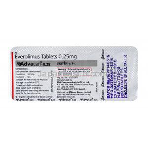 アヴァカン, エベロリムス　0.25mg,シート裏面情報